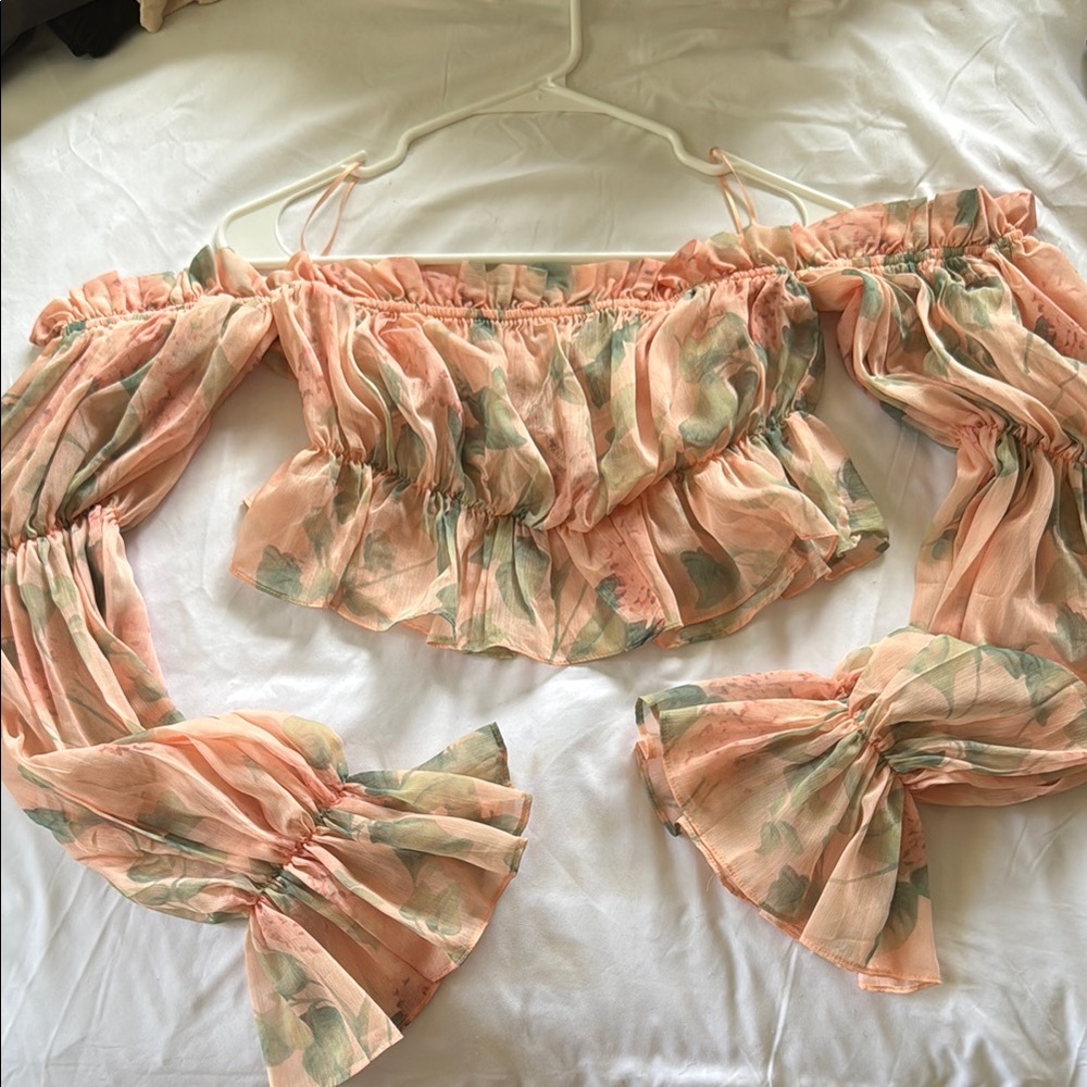 Floral Off-Shoulder Top - Peach and Green